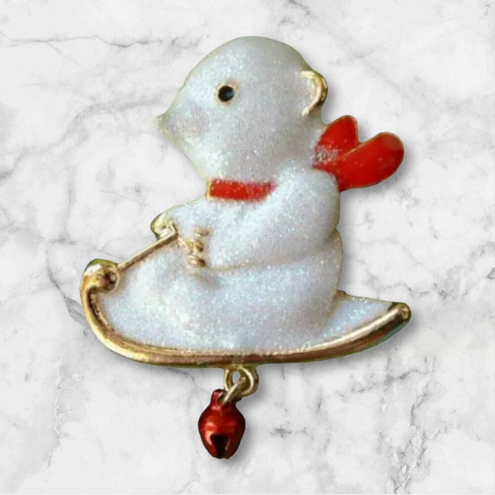New Gold & Frosted Enamel Baby Polar Bear on Sled & Jingle Bell Christmas Pin